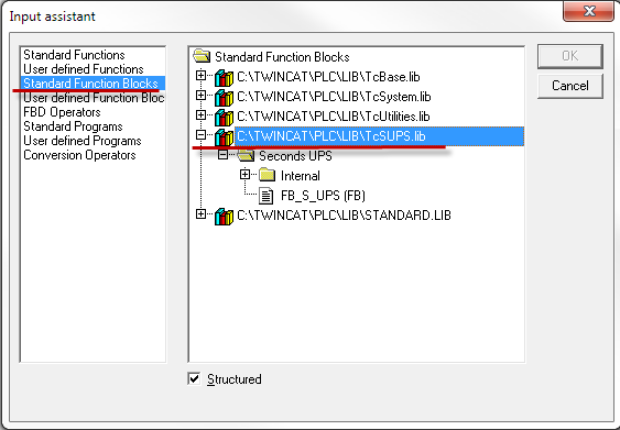 Öppna biblioteket som heter TcSUPS. Biblioteket är nu adderat och funktionsblocket går att använda i projektet.