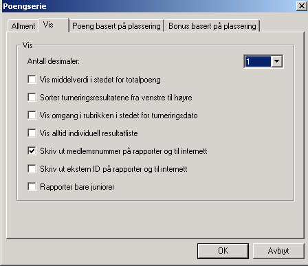 14 Bild 17. Poängserie inställningar Under fliken Vis kan du styra hur rapporten av poängserien ska se ut. 1. Antall desimaler Styr med hur många decimaler resultatet ska visas; du kan välja mellan 0 och 3.