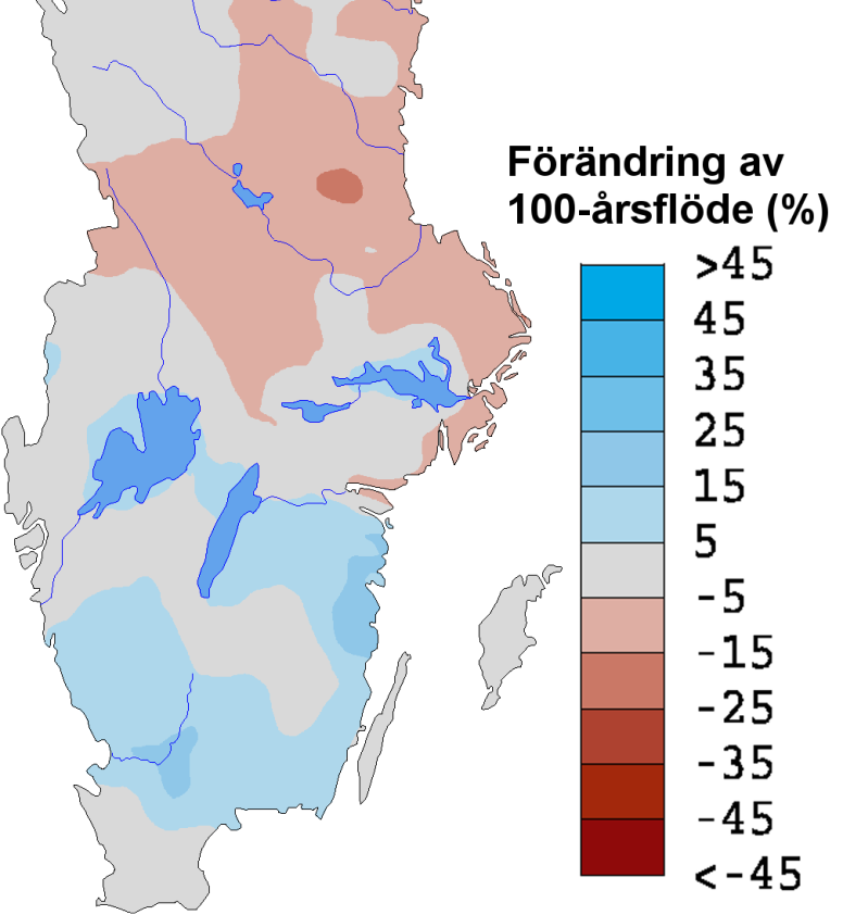 Medel 75 percentil 25 percentil Figur 4.3 Förändring av 100-årsflödets storlek beräknat på lokal vattenföring i varje beräkningspunkt för perioden 2021-2050 jämfört med referensperioden 1963-1992.