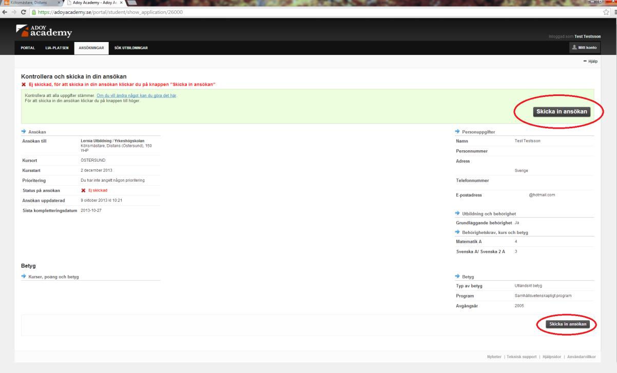 Kontrollera att du fått med allt du vill ha med din ansökan och klicka sedan på Skicka in ansökan. När du skickat in din ansökan får du ett mejl med en bekräftelse.