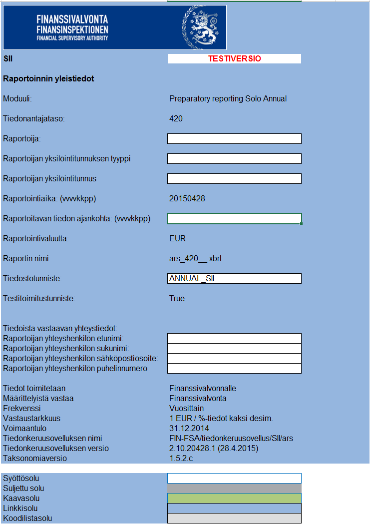 Användning av rapporteringsprogrammet Allmänna uppgifter (Yleistiedot) Kompletteringar av uppgifterna på sidan: Tidpunkten för de rapporterade uppgifterna (ååååmmdd)