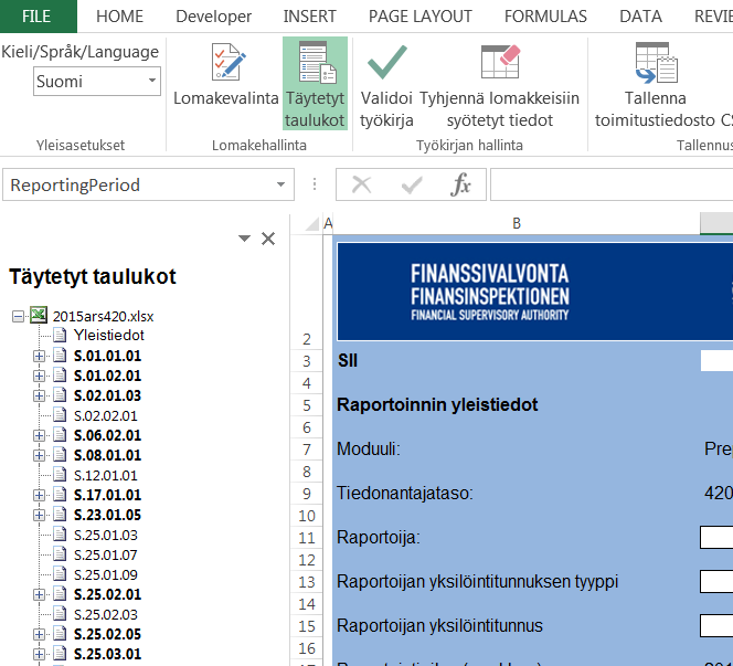 Användning av rapporteringsprogrammet ifyllningsläge Tabellernas ifyllningsläge kan läsas via mellanbladet FIVA-SII-työkirja genom att välja Täytetyt taulukot (ifyllda