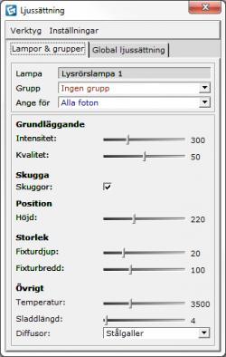 Omarbetad dialogruta för Ljussättning Fältet Ljussättning på komponentfliken 3D har omarbetats och innehåller nu två nya ikoner som du kan se här till höger: Lysrörslampa samt Fönsterljus.