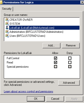 4. Högerklicka på motsvarande huvudkatalog till Säkerhetstjänster. Se bild nedan. Figur 92: Permissions 5. Välj er serveranvändare.