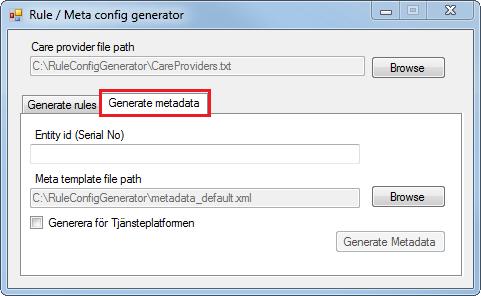 Funktionerna är uppdelat under två flikar. Bilden nedan visar fliken Generate metadata, som används vid skapandet av metadata för externa system.
