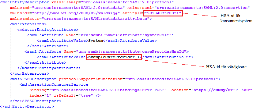 Figur 6746: Anpassning av metadata för konsumentsystem Öppna konsumentsystemets klientcertifikat för att ta reda på vilket HSA-id konsumentsystemet har som ska specificeras i metadata-filen. 1.