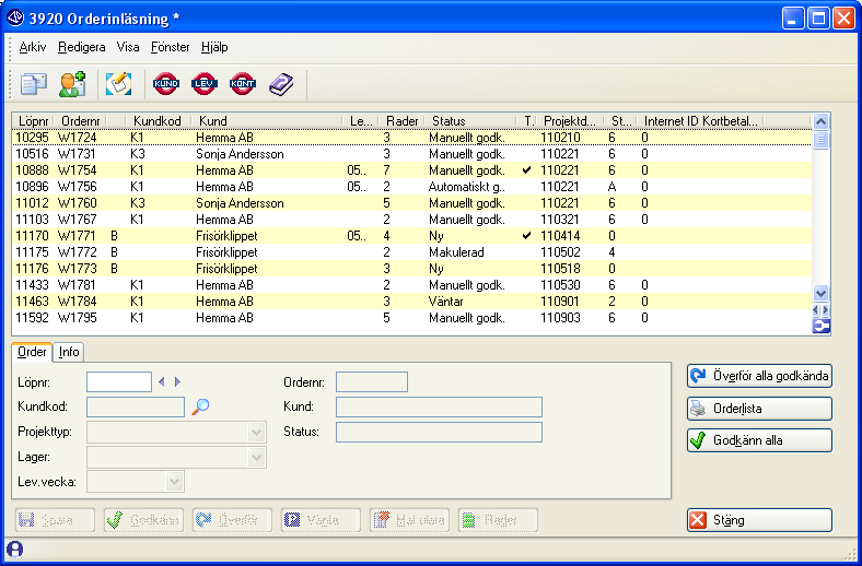 Knappen Orderlista Här skapas en lista som visar alla order som ligger i arbetsregistret och ännu inte lästs in till Pyramids orderhantering.