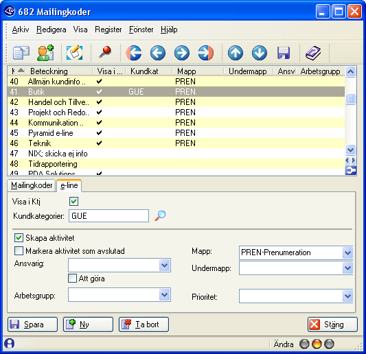 5. Inställningar för Pyramid e-kundtjänst Rutin 682 Mailingkoder, fliken e-line Här finns möjlighet att koppla mailingkoder till e-kundtjänst.
