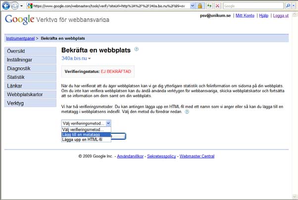 webbplatsverifieringen, se avsnittet Uppskicka av ny sökoptimeringsdata.