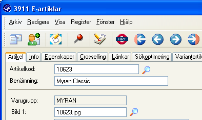 Rutin 3911 e-artiklar, fliken Artikel Varugrupp Här visas vilken varugrupp artikeln tillhör.