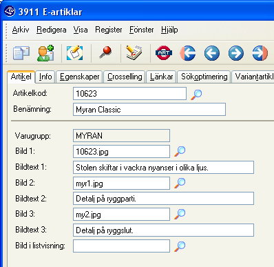 Egenskaper för e-artikeln i rutin 3911 e-artiklar, fliken Artikel Varugrupp Här visas vilken varugrupp artikeln tillhör. Varugrupp kopplas till artikeln i 710 Artiklar.