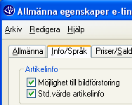 Rutin 3911 e-artiklar, fliken Info Här anges vissa egenskaper för visning av artikeln på webbsidan.