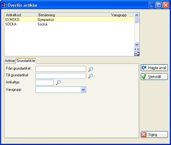 Fliken Grundartiklar Finns tillvalsmodulen Variantartiklar installerad kan man här överföra grundartiklar till e-artikelregistret. Från - Till och med grundartikel Ange intervall av grundartikelkoder.