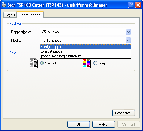 3. När Utskriftsinställningar... öppnas, klicka på fliken Papper/kvalitet. Välj där den typ av papper som passar den utskriftsfärg som är angiven.