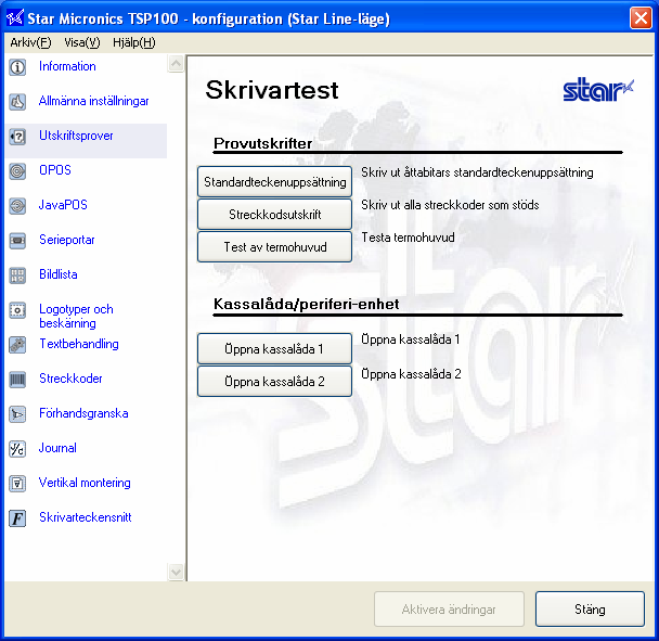 4.6. Skrivartest Från den här sidan kan du göra olika utskrifter av testkvitton. Använd den här funktionen för att testa eller demonstrera utskriftskapaciteten hos TSP10