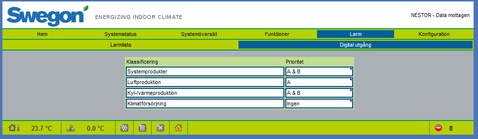 Funktioner Fig. 7: Exempel på webbsidan där den larmkonfiguration som aktiverar en digital utgång väljs.