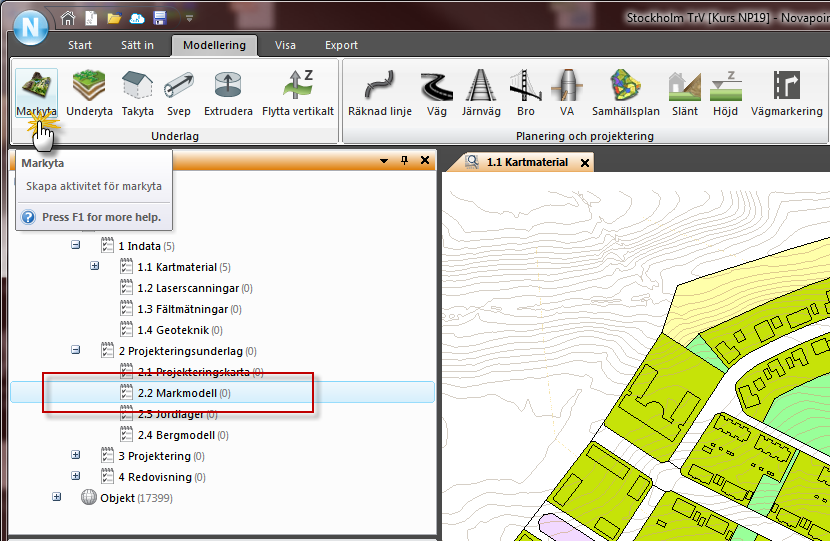 Skapa Markyta 1. För att skapa en markmodell så används verktyget Markyta som hittas under fliken Modellering. 2.
