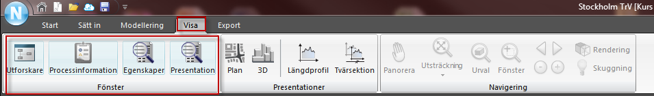 Den på bilden markerade gruppen innehåller val för olika fönster att aktivera i Novapoint 19.