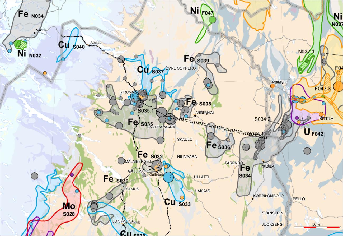 9 Figur 3-1. Metallogenetisk karta, utsnitt över norra Norrbotten, nordöstra Lapland i Finland samt Narviksområdet i Norge. De olika metallprovinserna har en identitet i FODD, t.ex.