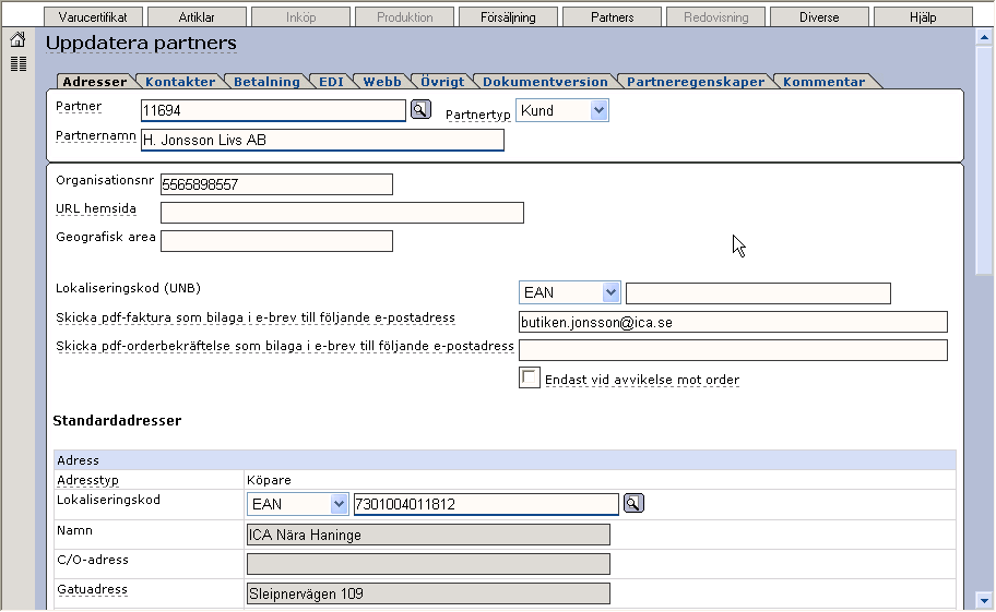 Senast uppdaterat: 09-10-05 Exder Market sida 29 av 60 Om partnerns UNB är satt till 7330619010354 så skickas fakturan till ICA Shared Services som en elektronisk butiksfaktura.