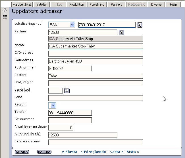 Senast uppdaterat: 09-10-05 Exder Market sida 30 av 60 Här ser ni ett exempel på hur det ser ut när en adress är upplagd i adressregistret.