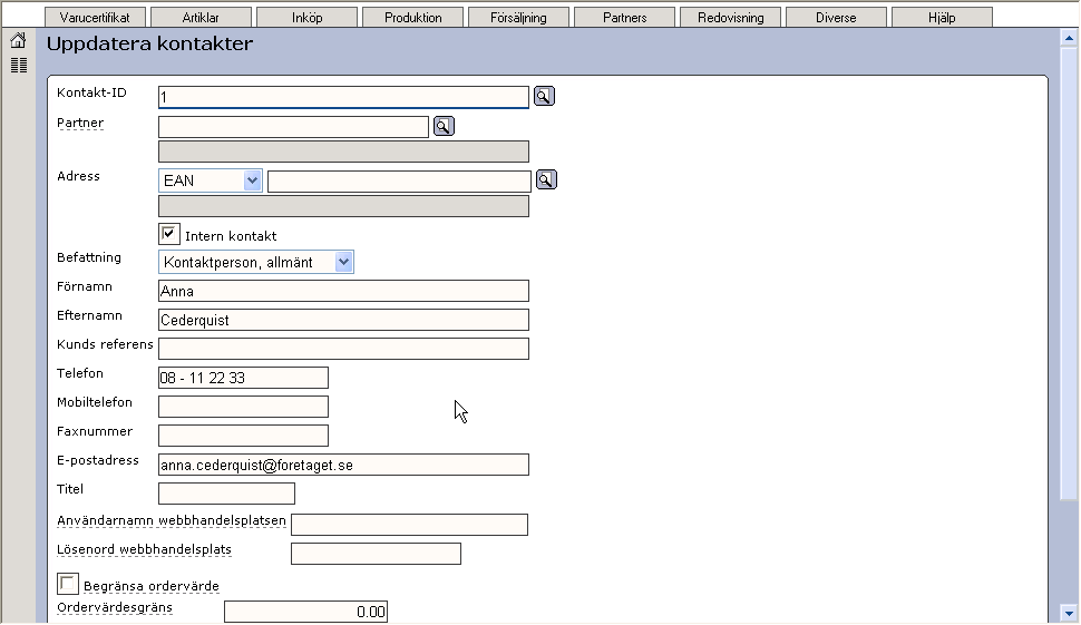 Senast uppdaterat: 09-10-05 Exder Market sida 31 av 60 Så här gör ni för att lägga en intern kontakt. I exemplet ovan har vi fyllt i kontakt-id, förnamn, efternamn, telefon och e-postadress.