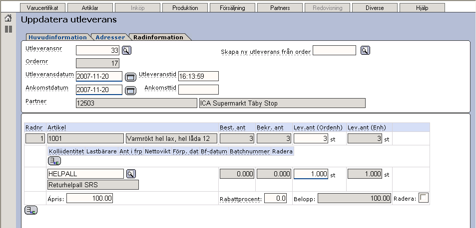 Senast uppdaterat: 09-10-05 Exder Market sida 48 av 60 Ordern hämtas och en utleverans skapas som i vårt exempel får nummer 33. Här talar ni om hur mycket ni har levererat till köparen.