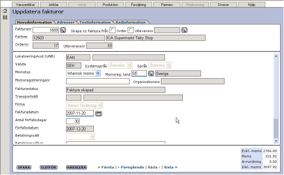 Senast uppdaterat: 09-10-05 Exder Market sida 52 av 60 Faktura nummer 1659 skapas. Under fliken Huvudinformation sätter ni bl.a. fakturadatum.