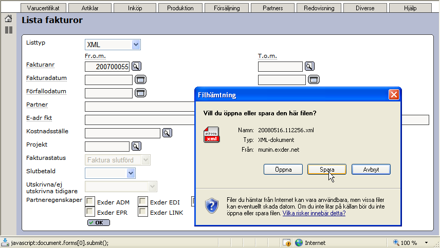 Senast uppdaterat: 09-10-05 Exder Market sida 57 av 60 Nedan visas hur manuell export av fakturor från Exder görs från rutinen Lista fakturor. En ny Listtyp med XML har lagts till.