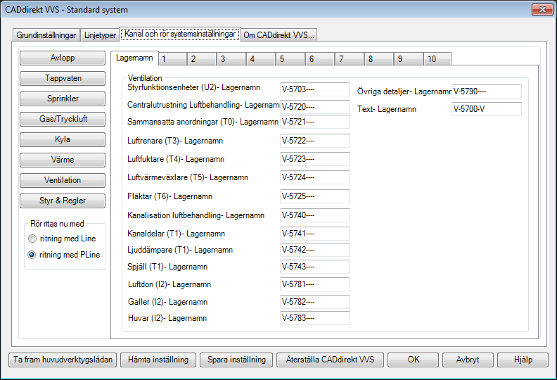Inställningar Kanaler och rörsystem Meny flik 3. Varje VVS delsystem Tappvatten, Sprinkler Värme osv.