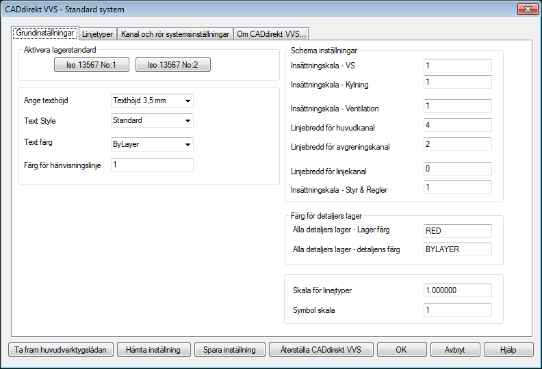 Grundläggande inställningar Meny flik 1. Aktivera Lagerstandard. 2 st. Standard inställningar finns med som grund i CADdirekt VVS. Utifrån dessa kan egna varianter sparas och sedan aktiveras.