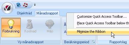 högerklicka i gränssnittets övre del och välj Minimera menyradsflikarna enligt Bild 25.