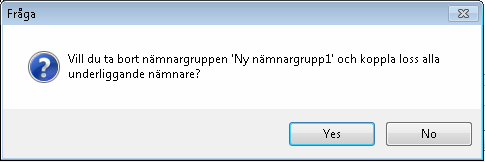 Redigera nämnargrupp När man har markerat en nämnargrupp i trädet kan man ändra namn och visningsnamn i i rutorna som visas i fliken Standard. Visningsnamn är det namn användaren ser i menyer etc.