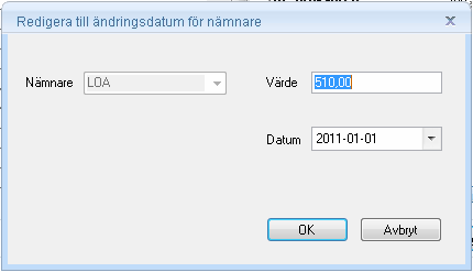 Lägg till nytt ändringsdatum och värde Tryck på knappen Lägg till för att ange nytt datum och nämnarvärde.