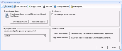 Systeminställningar Allmänt Dialogen Systeminställningar hanterar följande områden: Allmänt Dokumentarkiv Rapportmallar Nämnare Visningsalternativ Behörigheter Systeminställningar används av alla