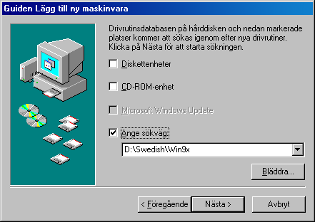 De nedanstående anvisningarna gäller bara installationen i en dator som kör Windows 98. Första gången när du startar Windows med LBP-1210 ansluten till datorn, öppnas dialogrutan Ny maskinvara hittad.