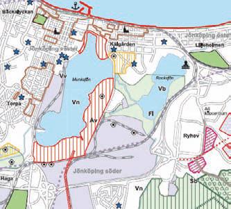 Utsnitt ur ÖP 2002 (s. 119) som visar stadsutvecklingsområdet vid Munksjöns södra och östra strand (rödstreckat område).