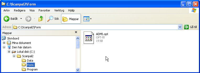 4 Installation Installera Scanpal2_PROG_optimus till C:\ enheten. Installation kommer skapa filer i mappen C:\SCANPAL2, C:\SCANPAL2\PROGRAM och C:\SCANPAL2\DATA.