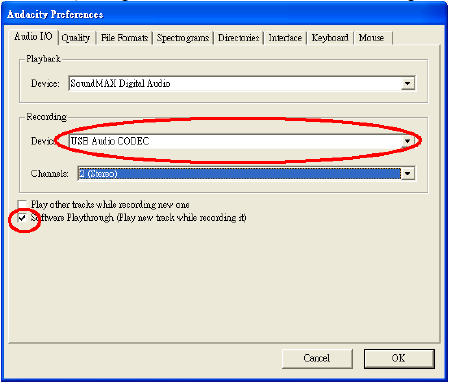 Välj Edit meny och sedan Preferences 4. Välj USB ljud enhet (Device) under Recording alternativet som visas i exempel nedan. 5. Välj Software Playthrough för att lyssna på ljud medan du spelar in. 6.