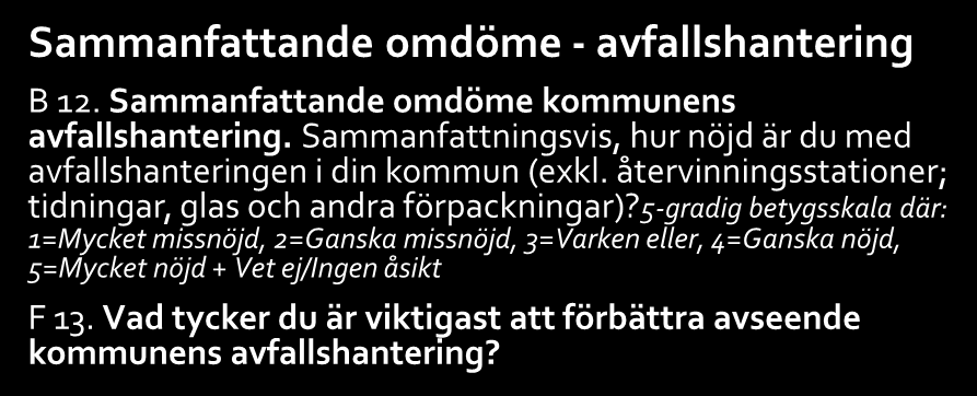 Samtliga frågor 2(4) Förklaring till koder för frågetyper: B = betyg, AE = alternativ enval, YN = Ja eller nej, F = fritext Avfallsslag B 6. Sophämtning.