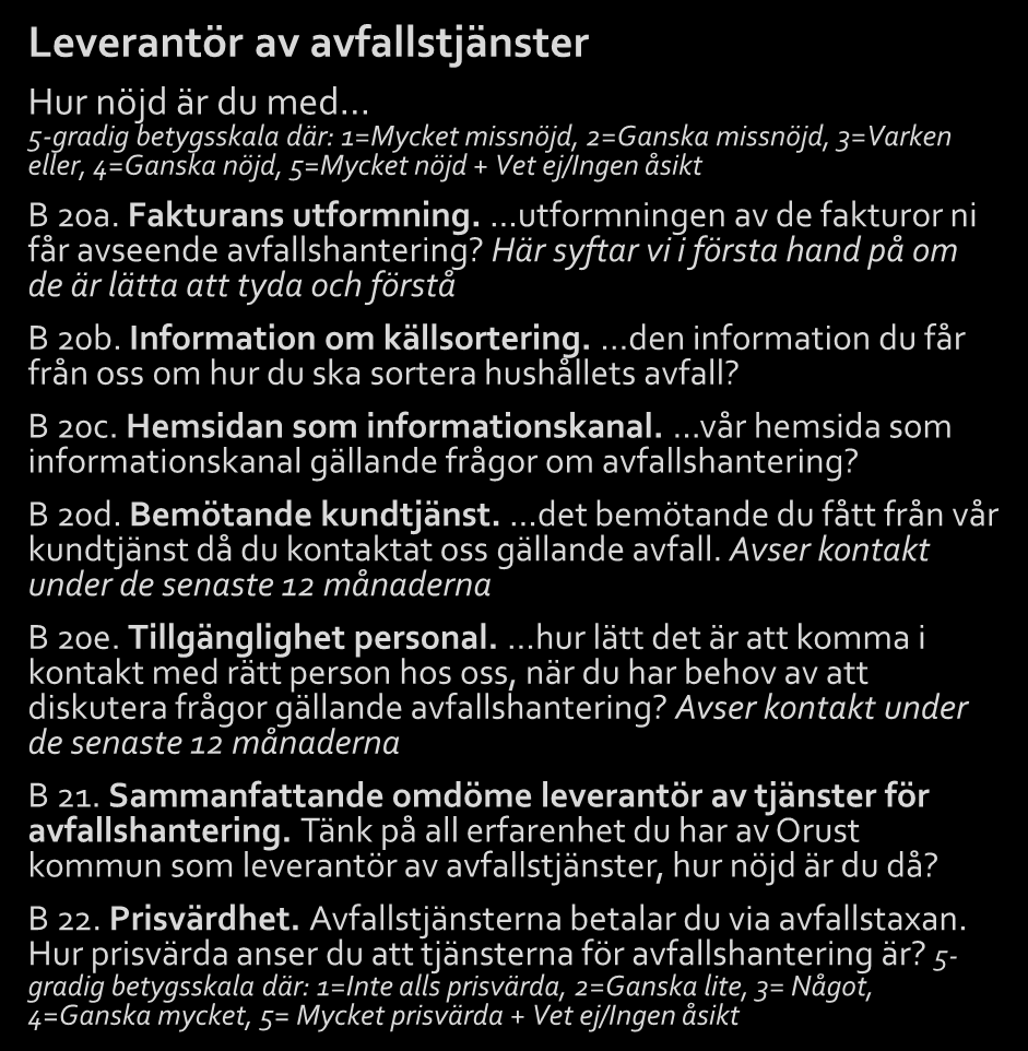 Samtliga frågor 4(4) Förklaring till koder för frågetyper: B = betyg, AE = alternativ enval, YN = Ja eller nej, F = fritext Leverantör av avfallstjänster Hur nöjd är du med 5-gradig betygsskala där: