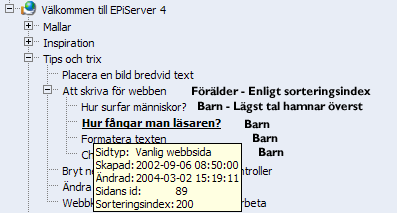 26 Redaktörshandbok EPiServer 4.60 Alla sidor som har plus eller minus framför namnet i strukturen är föräldrar. Barnen till föräldern hänger ihop med en streckad linje under föräldern.