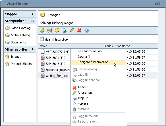 Filhantering i EPiServer 71 Redigera filinformation Redigera filinformationen genom att högerklicka på filnamnet och välj Redigera filinformation.