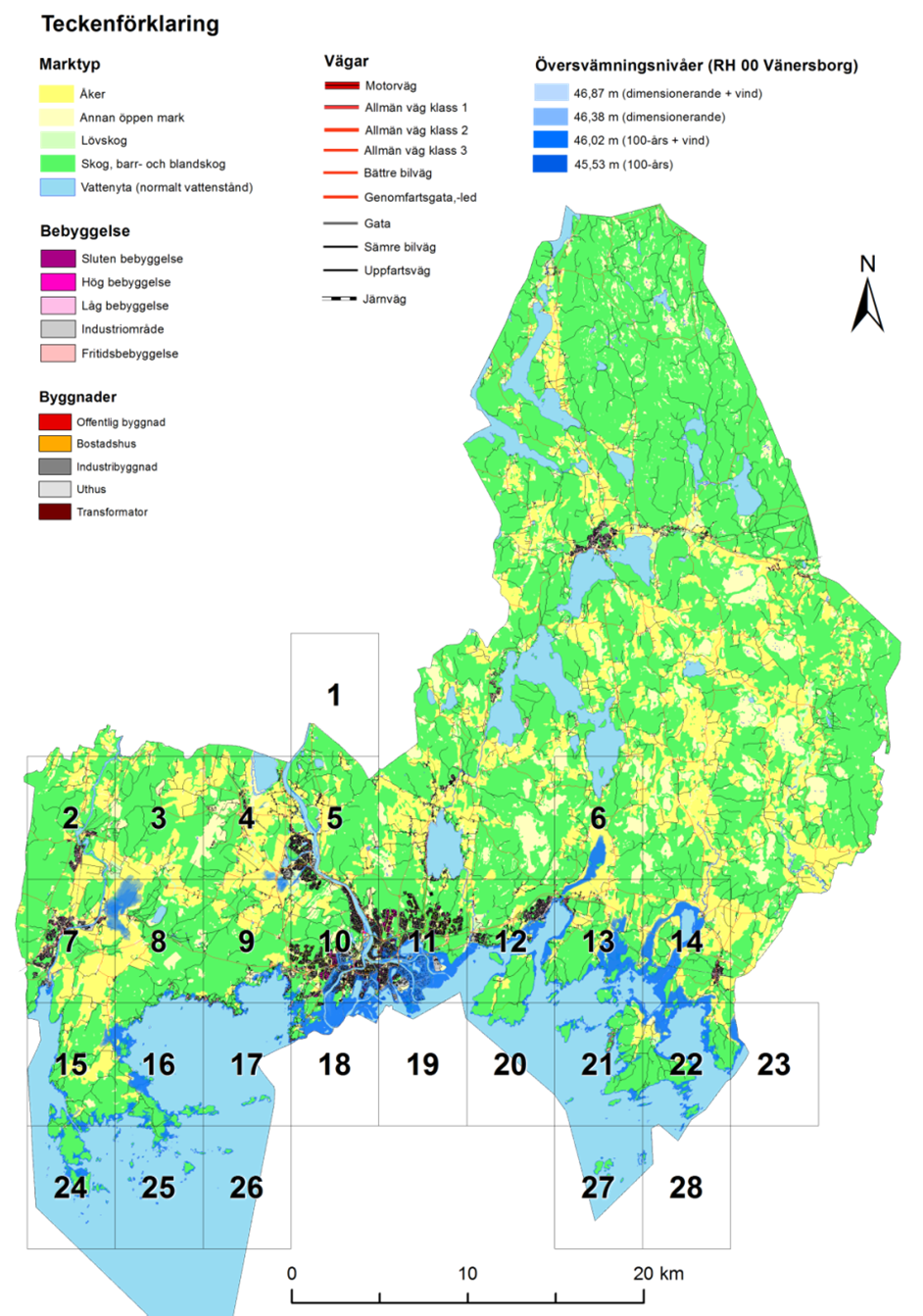 3.12 Karlstads kommun 3.12.1 Översvämningskartering I Figur 72 visas en kartöversikt över Karlstads kommun med översvämningsnivåer inlagda.