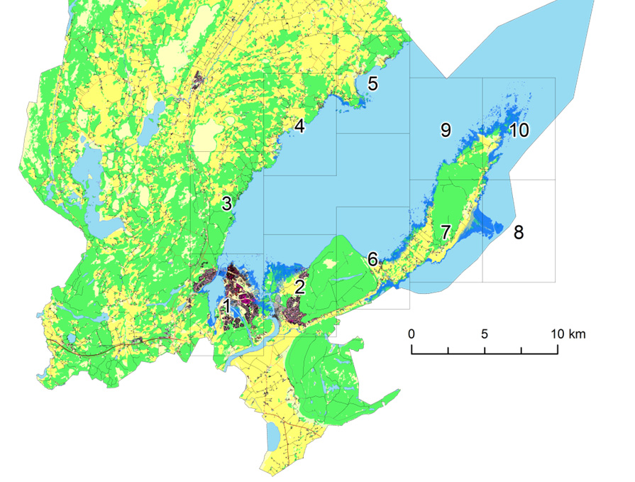 3.7 Vänersborgs kommun 3.7.1 Översvämningskartering I Figur 45 visas en kartöversikt över Vänersborgs kommun med översvämningsnivåer inlagda.