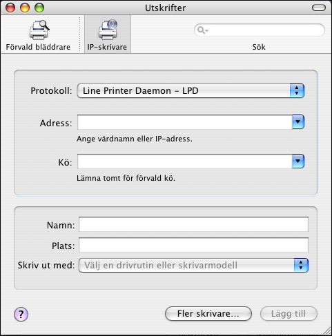 SKRIVA UT FRÅN MAC OS X 21 OBS: Namnen på de virtuella skrivarna visas som <skrivarnamn:virtuella skrivaren> i listan Skrivarnamn. 2 Välj Fiery E 100 i listan.