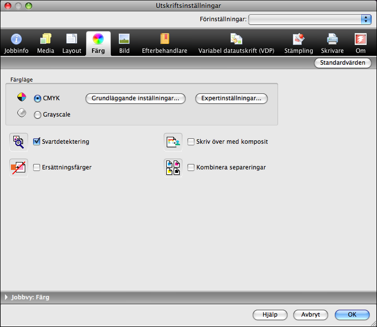 SKRIVA UT FRÅN MAC OS X 32 OBS: Om du vill visa grundläggande färginställningar och expertfärginställningar från Fiery E 100 i denna dialogruta