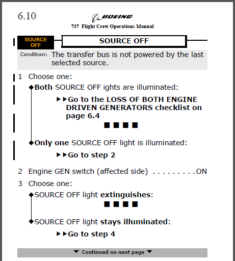 8 Fig. 2. QRH för Source Off (sida 1 av 2) När förarna valde Engine GEN på den påverkade sidan till ON, uppstod ett följdfel vilket medförde att en ny varningssignal tändes.