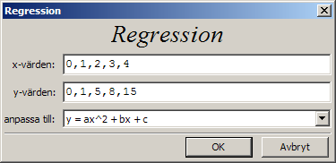 Figur 11: Anpassning av funktion till data (regression). Då vi klickar på OK bestämmer Maxima det andragradspolynom som bäst ansluter till våra datavärden.