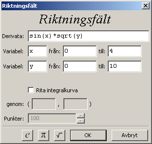 Riktningsfält Differentialekvationer av första ordningen y = f(x, y) har en enkel geometrisk tolkning. Derivatan y ger riktningskoefficienten för lösningen genom punkten (x, y).